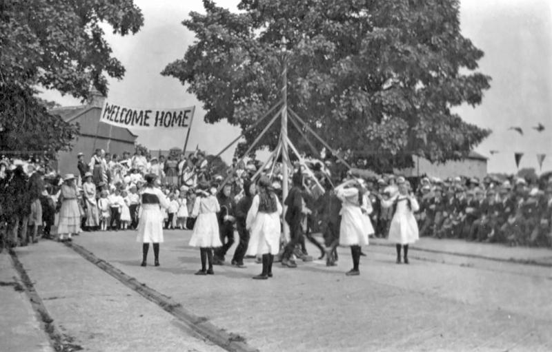 Maypole dancing - Welcome home.jpg - Maypole dancing on the Concrete - Welcome Home. - ( probably 1919)